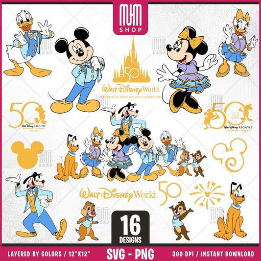 50th Anniversary, Mouse Svg, 16 Designs Easy to use, Cartoon Characters, Layered Svg by colors, Transparent Png, Easy cut files for Cricut.