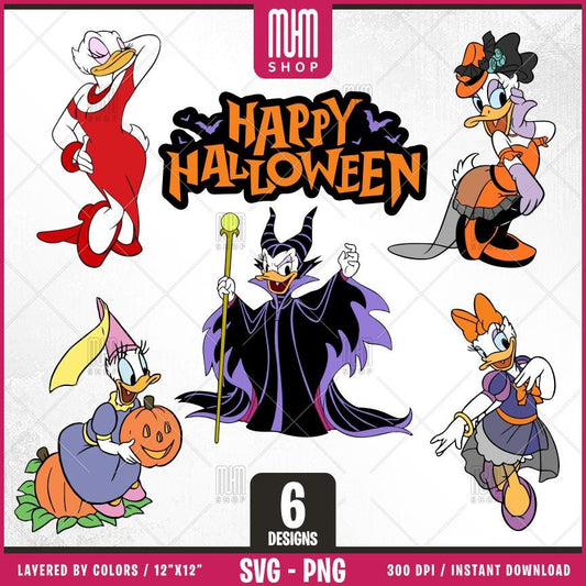 Daisy Duck Halloween Svg Png, 6 Designs Easy to use Cartoon Characters, Layered Svg by colors, Transparent Png, Easy cut files for Cricut.