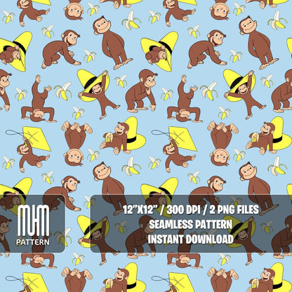 Seamless Pattern PNG, Curious George, Cartoon Characters, Banana George Monkey, Fabric Design Sublimation, Ready for Textile Prints.