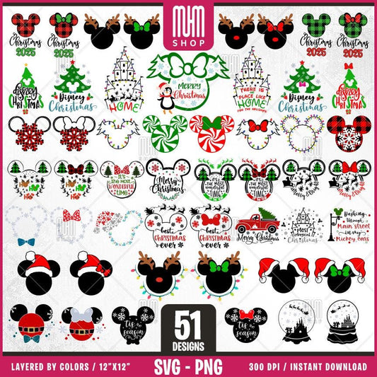 Christmas Bundle Svg Png, 51 Designs Easy to use, Magical Kingdom Bundle, Family Trip, Castel Svg, Mouse Head, Easy cut files for Cricut.