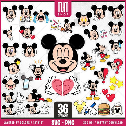 Stickers Mouse Svg, 36 Designs Easy to use, Cartoon Characters Clipart, Layered Svg by colors, Transparent Png, Easy cut files for Cricut.