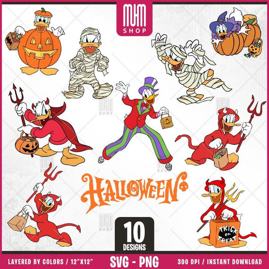 Donald Duck Halloween Svg Png, 10 Designs Easy to use Cartoon Characters, Layered Svg by colors, Transparent Png, Easy cut files for Cricut.