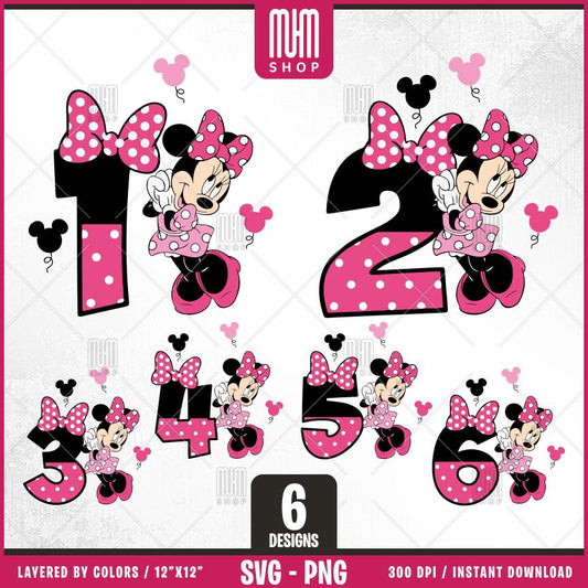 Minnie Mouse Birthday Numbers Svg Png, 6 Designs Easy to use Cartoon Characters, Layered Svg by colors, Transparent Png Cut files for Cricut