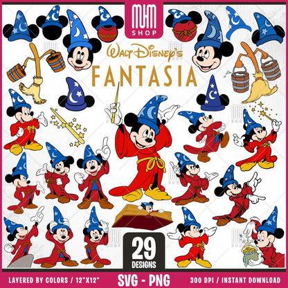 Fantasia Sorcerer Mouse Svg Png, 29 Designs Easy to use, Cartoon Characters, Layered Svg by colors, Transparent Png, Cut Files for Cricut.