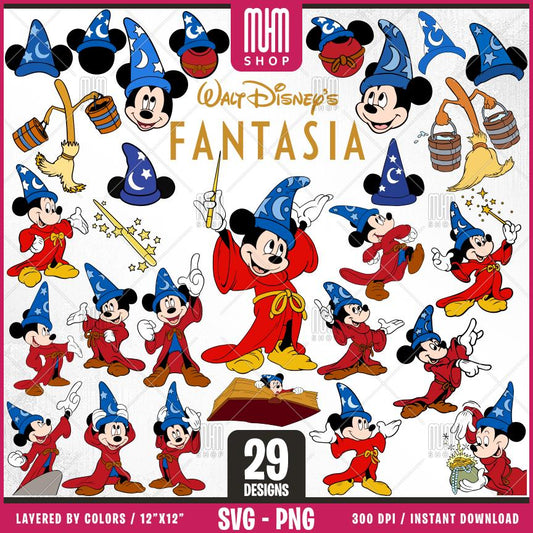 Fantasia Sorcerer Mouse Svg Png, 29 Designs Easy to use, Cartoon Characters, Layered Svg by colors, Transparent Png, Cut Files for Cricut.