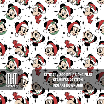 Seamless Pattern PNG, Merry Christmas, Mouse and Friends, Cartoon Characters, Noel Day, Fabric Design Sublimation, Ready for Textile Prints.