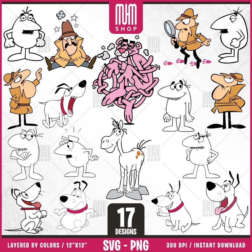 Pink Panther And Friends Svg Png, 17 Designs Easy to use, Cartoon Characters, Layered Svg by colors, Transparent Png, Cut files for Cricut.