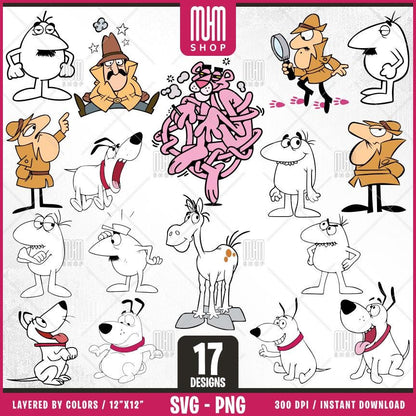Pink Panther And Friends Svg Png, 17 Designs Easy to use, Cartoon Characters, Layered Svg by colors, Transparent Png, Cut files for Cricut.