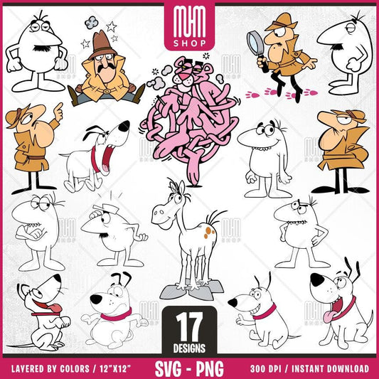 Pink Panther And Friends Svg Png, 17 Designs Easy to use, Cartoon Characters, Layered Svg by colors, Transparent Png, Cut files for Cricut.