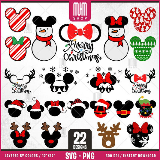 Merry Christmas Mouse Head Svg Png, 22 Designs Easy to use, Magical Kingdom Bundle Png, Family Trip, Castel Svg, Easy cut files for Cricut.