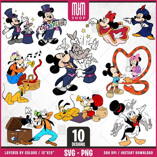 Mouse And Friends Magician Svg Png, 10 Designs Easy to use, Cartoon Characters, Layered Svg by colors, Transparent Png, Cut Files for Cricut