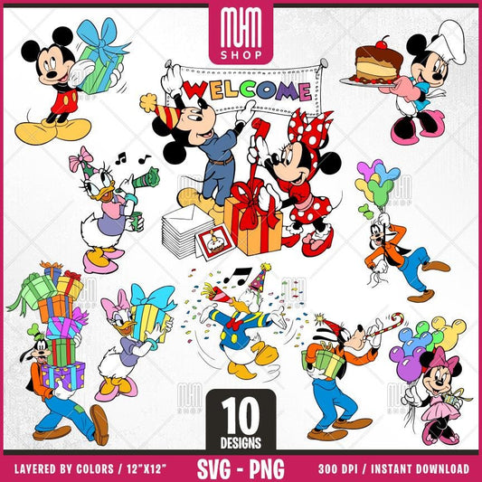 Birthday Mouse and Friends Svg, 10 Designs Easy to use Cartoon Characters, Layered Svg by colors, Transparent Png, Easy cut files for Cricut