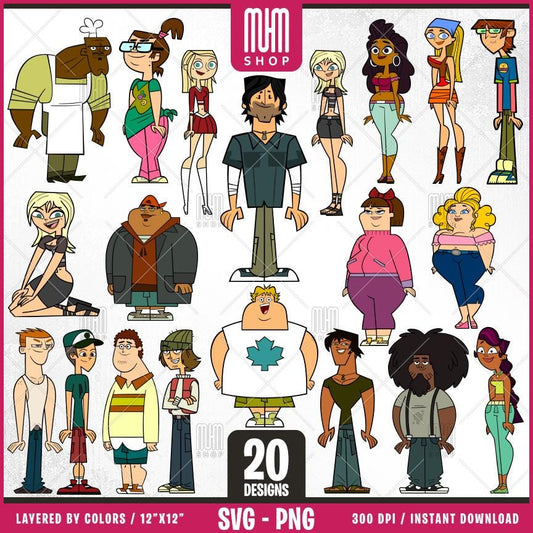 Total Drama Svg Png Set1, 20 Designs Easy to use, Cartoon Characters Cliparts, Layered Svg by colors, Transparent Png, Cut files for Cricut.
