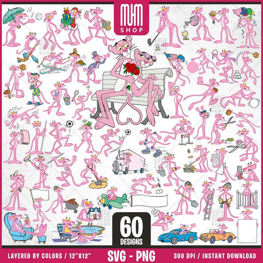 Pink Panther Life Svg Png, 60 Designs Easy to use, Cartoon Characters Cliparts, Layered Svg by colors, Transparent Png, Cut files for Cricut