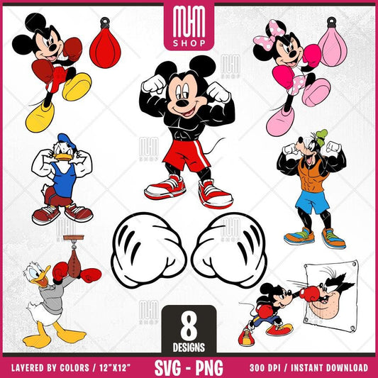 Mouse And Friends Boxing Svg, 8 Designs Easy to use, Cartoon Characters, Layered Svg by colors, Transparent Png, Easy cut files for Cricut.