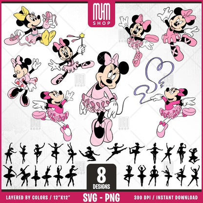 Minnie Mouse Ballerina Svg, 8 Designs +24 Silhouette, Cartoon Characters, Layered Svg by colors, Transparent Png, Easy cut files for Cricut.