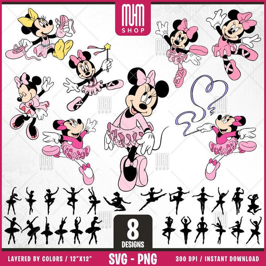 Minnie Mouse Ballerina Svg, 8 Designs +24 Silhouette, Cartoon Characters, Layered Svg by colors, Transparent Png, Easy cut files for Cricut.