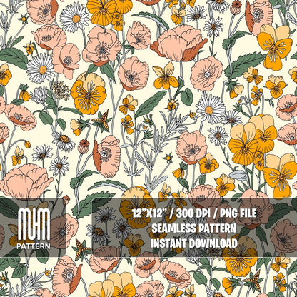 Seamless Pattern, Hand Drawn Floral Pattern, Seamless Yellow Flowers, Modern Design, Fabric Design Sublimation, Ready for Textile Prints.