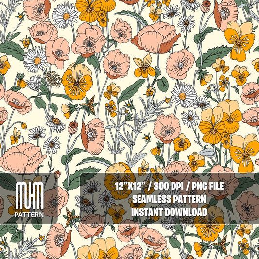 Seamless Pattern, Hand Drawn Floral Pattern, Seamless Yellow Flowers, Modern Design, Fabric Design Sublimation, Ready for Textile Prints.