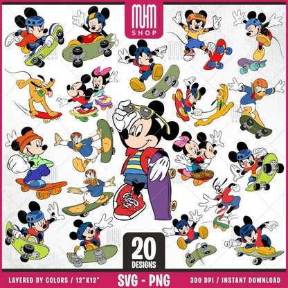 Mouse and Friends Skateboard Svg, 20 Designs Easy to use, Cartoon Characters, Layered Svg by colors, Transparent Png, Cut files for Cricut.
