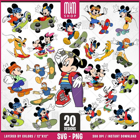Mouse and Friends Skateboard Svg, 20 Designs Easy to use, Cartoon Characters, Layered Svg by colors, Transparent Png, Cut files for Cricut.
