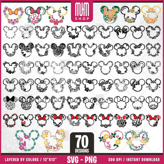 Mouse Ears Svg, Floral Ears, 70 Designs Easy to use, Cartoon Characters, Layered Svg by colors, Transparent Png, Easy cut files for Cricut.