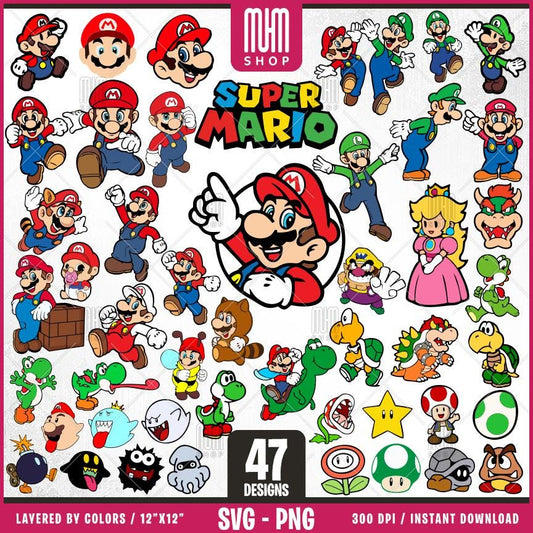 Super Mario Svg Png, 47 Designs Easy to use, Cartoon Characters Cliparts, Layered Svg by colors, Transparent Png, Easy cut files for Cricut.