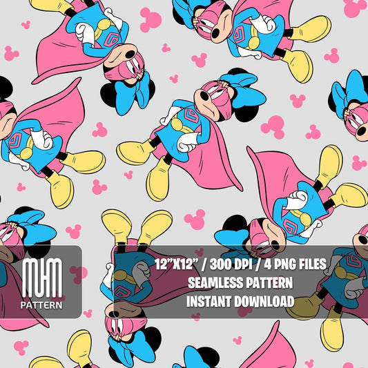 Seamless Pattern PNG, Minnie Mouse Superheroes, Mouse And Friends, Cartoon Characters, Fabric Design Sublimation, Ready for Textile Prints.