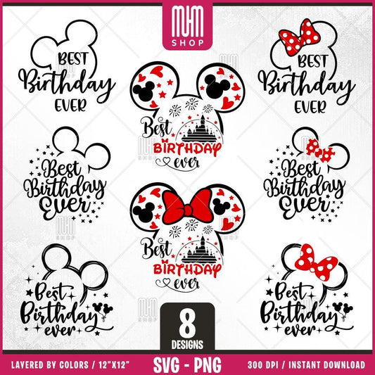 Birthday Mouse Svg Png, 8 Designs Easy to use, Cartoon Characters, Disneyland, Layered Svg by colors, Transparent Png, Cut files for Cricut.