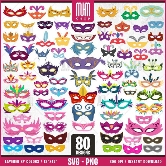 Masks festival Svg Bundle, 80 Designs Easy to use, Cartoon Characters, Layered Svg by colors, Transparent Png, Easy cut files for Cricut.
