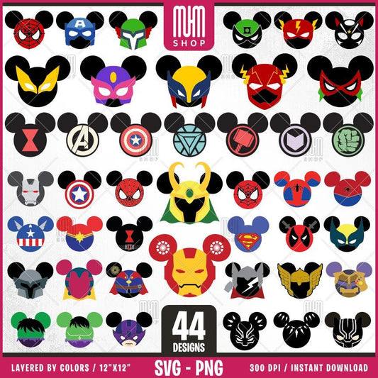Superheroes Mouse Head Svg Png, 44 Designs Easy to use, Cartoon Characters, Layered Svg by colors, Transparent Png, Cut files for Cricut.