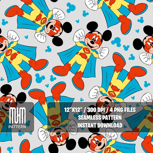 Seamless Pattern PNG, Mouse Superheroes, Mouse And Friends, Cartoon Characters, Repeated Fabric Design Sublimation, Ready for Textile Prints