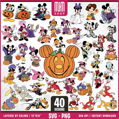 Mouse And Friends Halloween Svg Png, 40 Designs Easy to use Cartoon Characters, Layered Svg by colors, Transparent Png, Cut files for Cricut