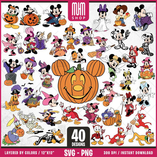Mouse And Friends Halloween Svg Png, 40 Designs Easy to use Cartoon Characters, Layered Svg by colors, Transparent Png, Cut files for Cricut