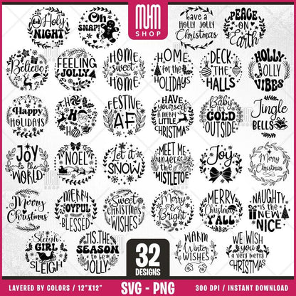 Christmas Ornament Bundle Svg Png, 32 Designs Easy to use, Joy, Noel, Jingle, Happy New Year, Ornament, Easy cut files for Cricut.