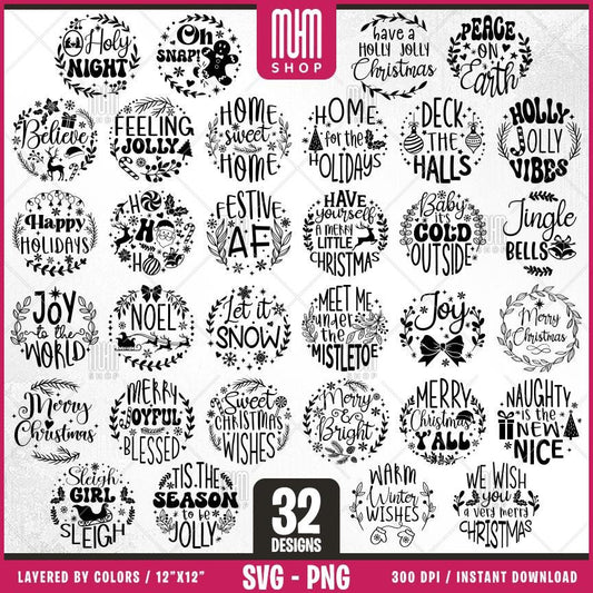 Christmas Ornament Bundle Svg Png, 32 Designs Easy to use, Joy, Noel, Jingle, Happy New Year, Ornament, Easy cut files for Cricut.