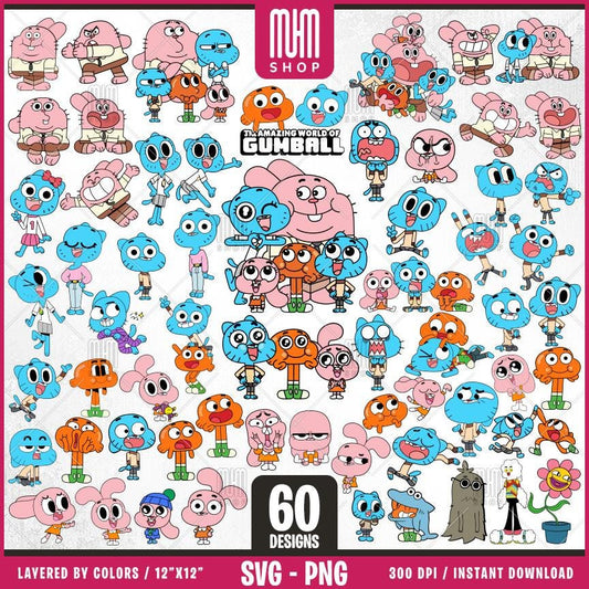 Gum Ball Family Svg Png, 60 Designs Easy to use, Cartoon Characters Cliparts, Layered Svg by colors, Transparent Png, Cut files for Cricut.