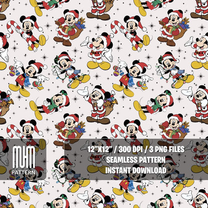 Seamless Pattern PNG, Merry Christmas, Mouse and Friends, Cartoon Characters, Noel Day, Fabric Design Sublimation, Ready for Textile Prints.