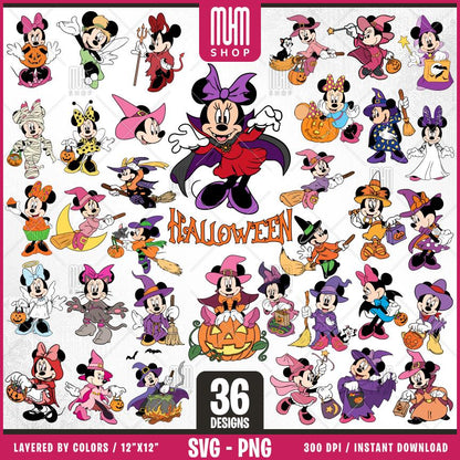 Minnie Mouse Halloween Svg Png, 36 Designs Easy to use Cartoon Characters, Layered Svg by colors, Transparent Png, Easy cut files for Cricut