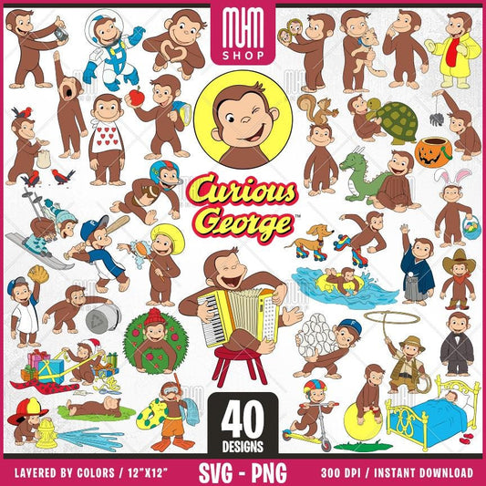Curious George Monkey and Life Svg Png, 40 Designs Easy to use, Cartoon Characters, Layered Svg by colors, Transparent Png, Cricut Cut files