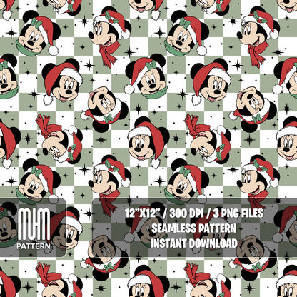 Seamless Pattern PNG, Merry Christmas, Mouse and Friends, Cartoon Characters, Noel Day, Fabric Design Sublimation, Ready for Textile Prints.