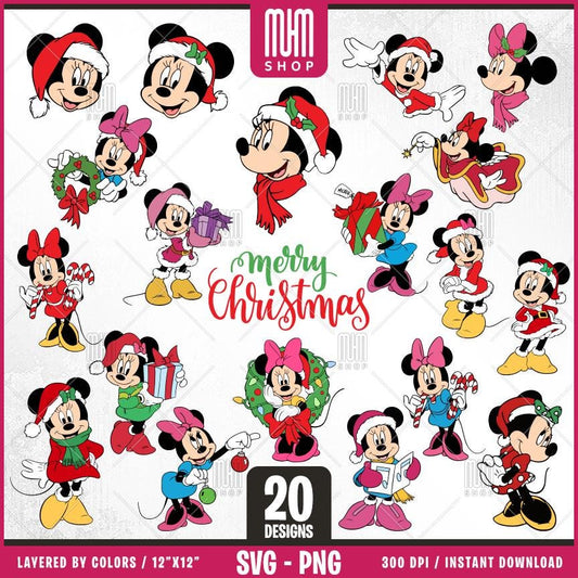 Minnie Merry Christmas Svg Png, 20 Designs Easy to use Cartoon Characters, Layered Svg by colors, Transparent Png, Easy cut files for Cricut
