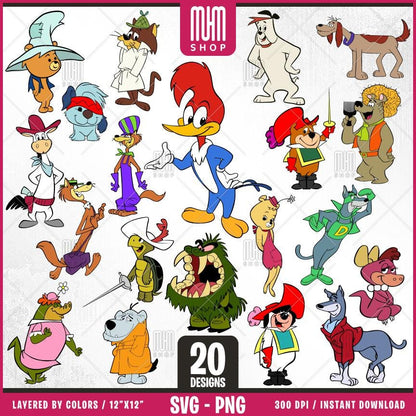 Retro Cartoon Characters - Animals Svg Png, 20 Designs Easy to use, 70s, 80s, Layered Svg by colors, Transparent Png, Cut Files for Cricut.