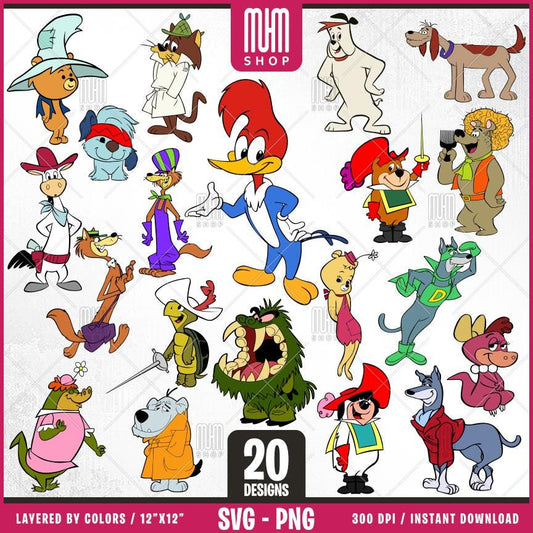 Retro Cartoon Characters - Animals Svg Png, 20 Designs Easy to use, 70s, 80s, Layered Svg by colors, Transparent Png, Cut Files for Cricut.