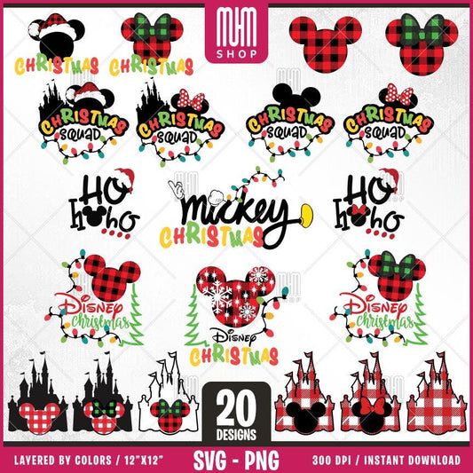Merry Christmas Mouse Head Svg Png, 20 Designs Easy to use, Magical Kingdom Bundle Png, Family Trip, Castel Svg, Easy cut files for Cricut.