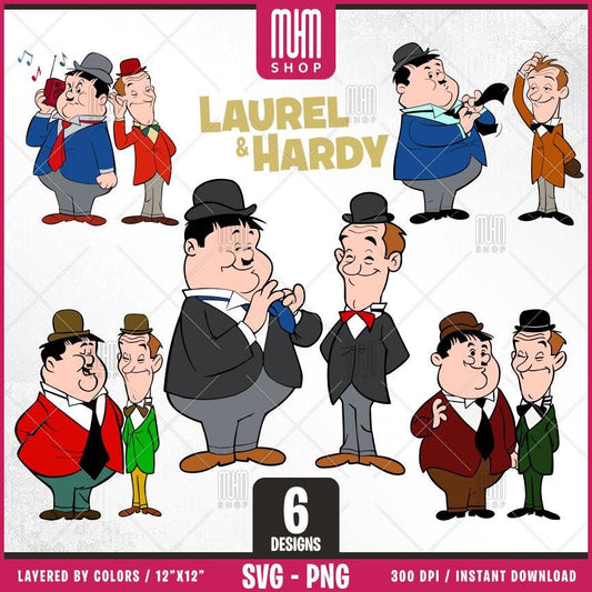 Laurel and Hardy Svg Png, 6 Designs Easy to use, Cartoon Characters, Layered Svg by colors, Transparent Png, Easy cut files for Cricut.