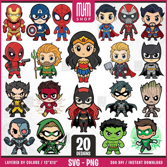 Chibi Superheros Svg Png, 20 Designs Easy to use, Cartoon Characters Cliparts, Layered Svg by colors, Transparent Png, Cut files for Cricut.