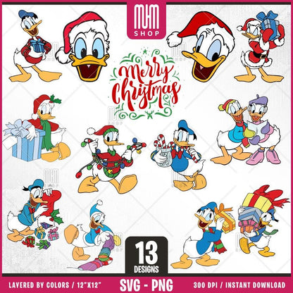 Donald Duck Merry Christmas Svg Png, 13 Designs Easy to use, Cartoon Characters, Layered Svg by colors, Transparent Png files for Cricut.