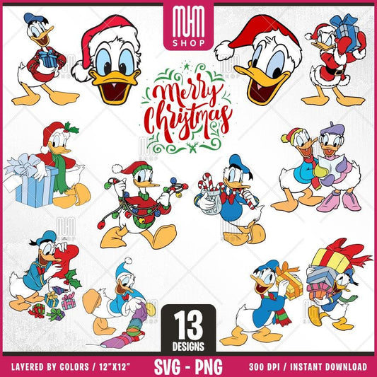 Donald Duck Merry Christmas Svg Png, 13 Designs Easy to use, Cartoon Characters, Layered Svg by colors, Transparent Png files for Cricut.