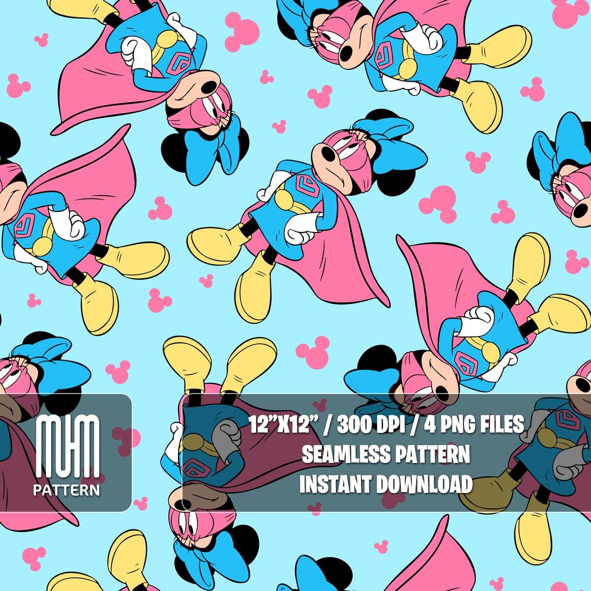 Seamless Pattern PNG, Minnie Mouse Superheroes, Mouse And Friends, Cartoon Characters, Fabric Design Sublimation, Ready for Textile Prints.
